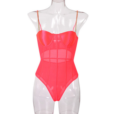 OMSJ 2020 New Fashion Club Party Μεταλλική αλυσίδα Νέον Ροζ Δαντελένια Φορμάκια Σέξι Γυναικείες High Street, εξώπλατες, λεπτές φόρμες