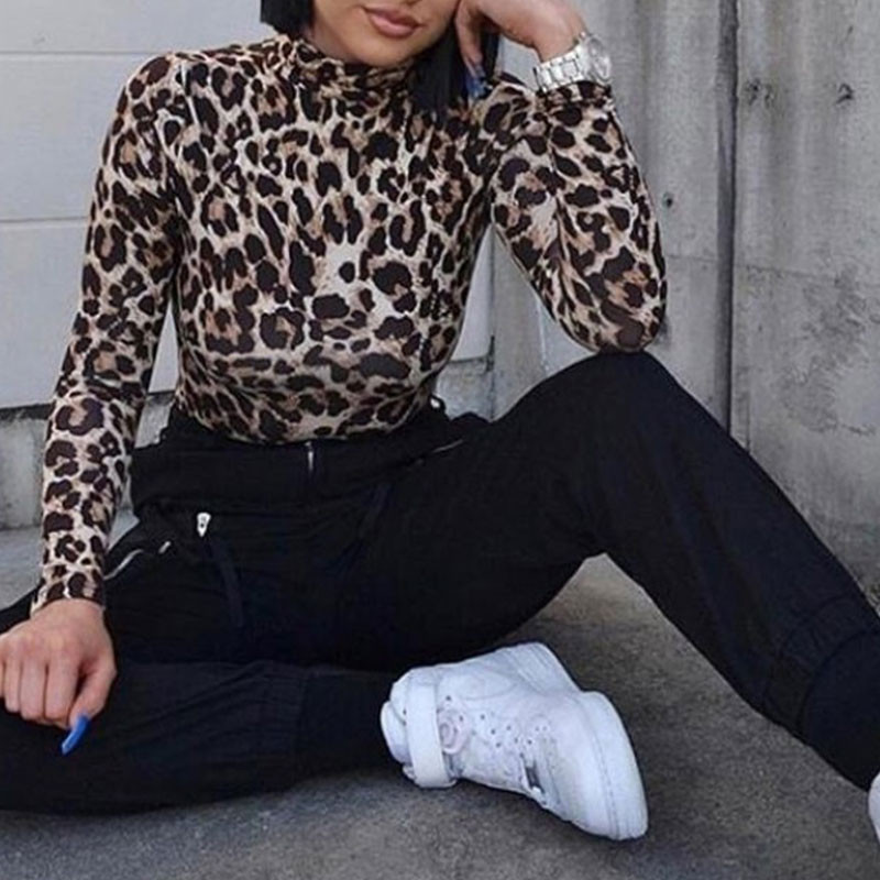 Σέξι λεοπάρ στάμπα Γυναικεία κορμάκια Κομψό κοντό μπλουζάκι Κομψό μακρυμάνικο ζιβάγκο πλεκτό casual γυναικείο κορμάκι