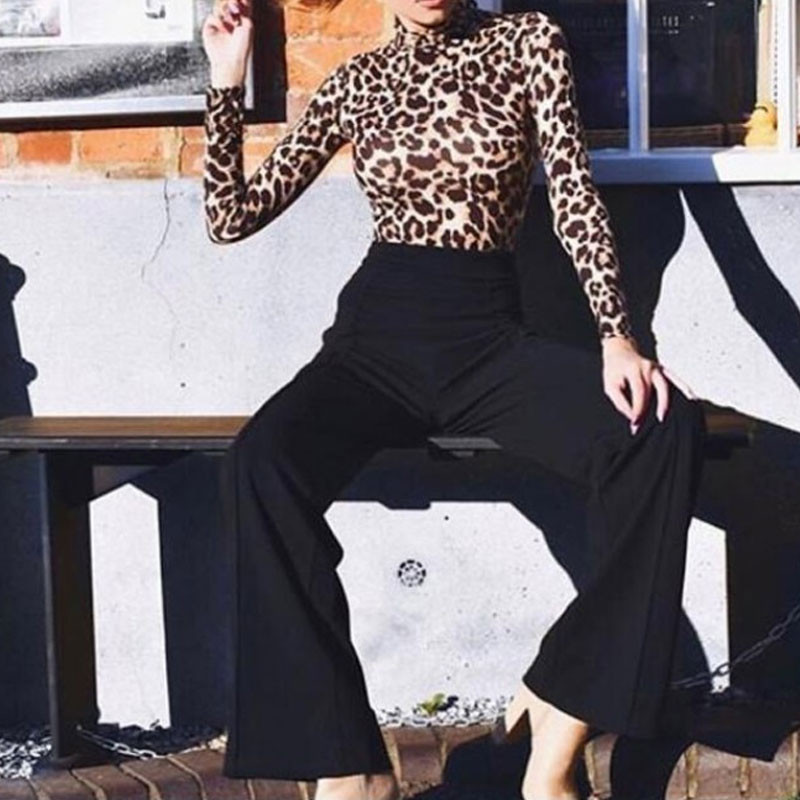 Σέξι λεοπάρ στάμπα Γυναικεία κορμάκια Κομψό κοντό μπλουζάκι Κομψό μακρυμάνικο ζιβάγκο πλεκτό casual γυναικείο κορμάκι