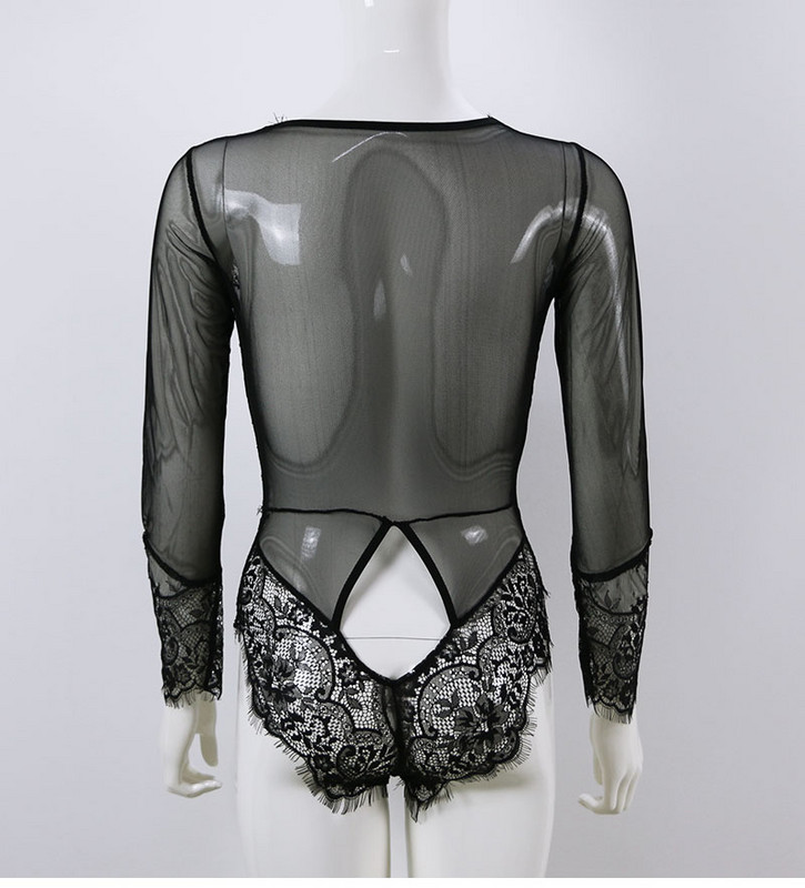 Noua sosire de toamnă pentru femei, sexy, cu decolteu în V adânc, bodycon, salopetă transparentă din plasă, cu mânecă lungă, body transparente din dantelă