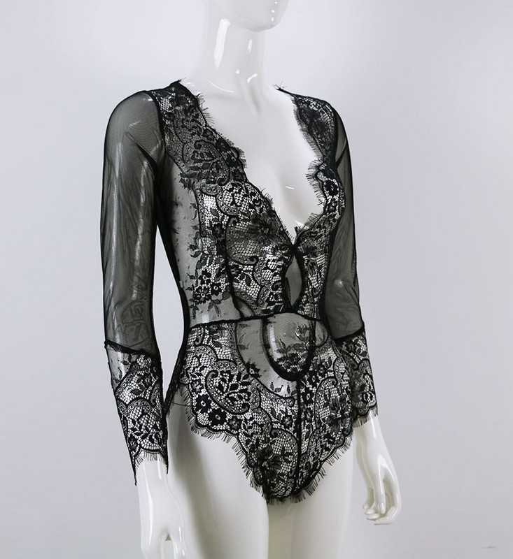 Noua sosire de toamnă pentru femei, sexy, cu decolteu în V adânc, bodycon, salopetă transparentă din plasă, cu mânecă lungă, body transparente din dantelă