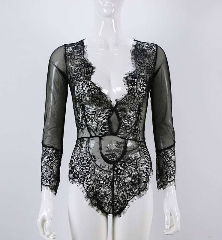 Noua sosire de toamnă pentru femei, sexy, cu decolteu în V adânc, bodycon, salopetă transparentă din plasă, cu mânecă lungă, body transparente din dantelă