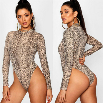 Секси горещи дамски водолазка с дълъг ръкав Bodycon Slim Romper Tops Snake Skin Print Clubwear Парти гащеризон Leotard Outwear New