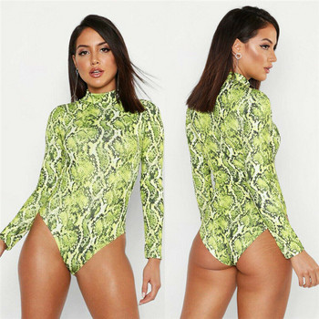 Секси горещи дамски водолазка с дълъг ръкав Bodycon Slim Romper Tops Snake Skin Print Clubwear Парти гащеризон Leotard Outwear New