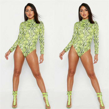 Секси горещи дамски водолазка с дълъг ръкав Bodycon Slim Romper Tops Snake Skin Print Clubwear Парти гащеризон Leotard Outwear New