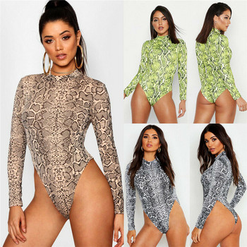 Секси горещи дамски водолазка с дълъг ръкав Bodycon Slim Romper Tops Snake Skin Print Clubwear Парти гащеризон Leotard Outwear New