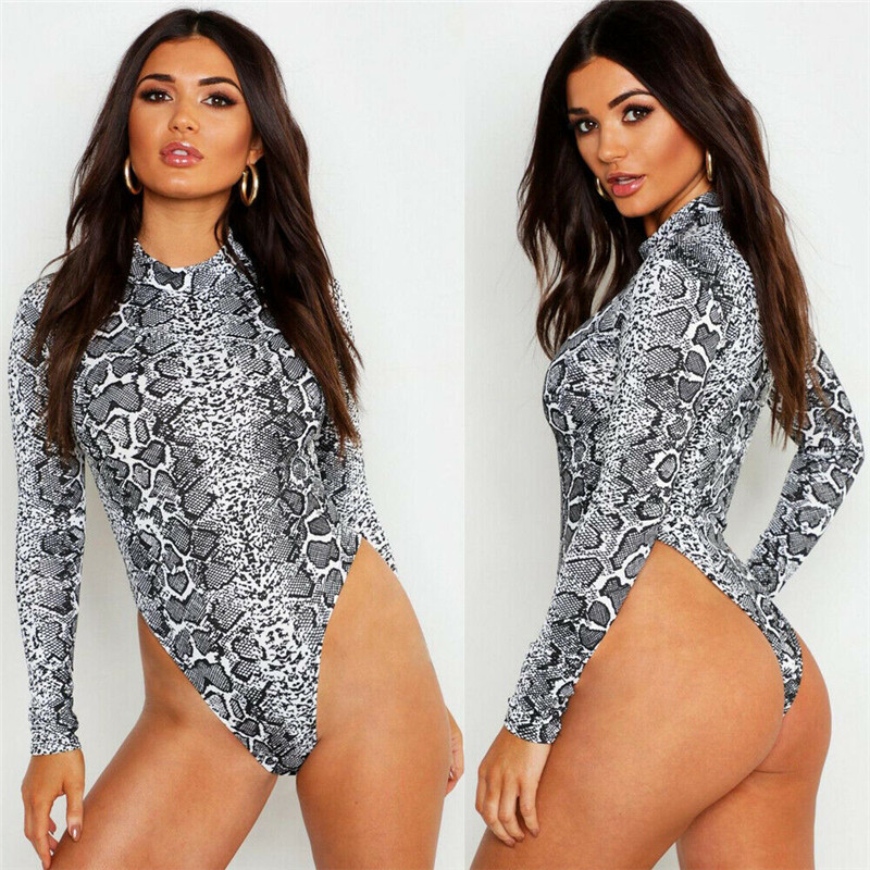 Seksikad ägedad naiste pikkade varrukatega turtleneck Bodycon Slim Romper topid ussinahast prindiga Klubirõivad peokombinesoon Trikood Outwear Uus