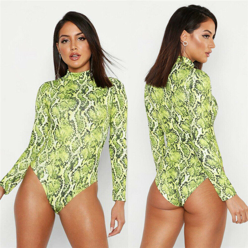 Seksikad ägedad naiste pikkade varrukatega turtleneck Bodycon Slim Romper topid ussinahast prindiga Klubirõivad peokombinesoon Trikood Outwear Uus