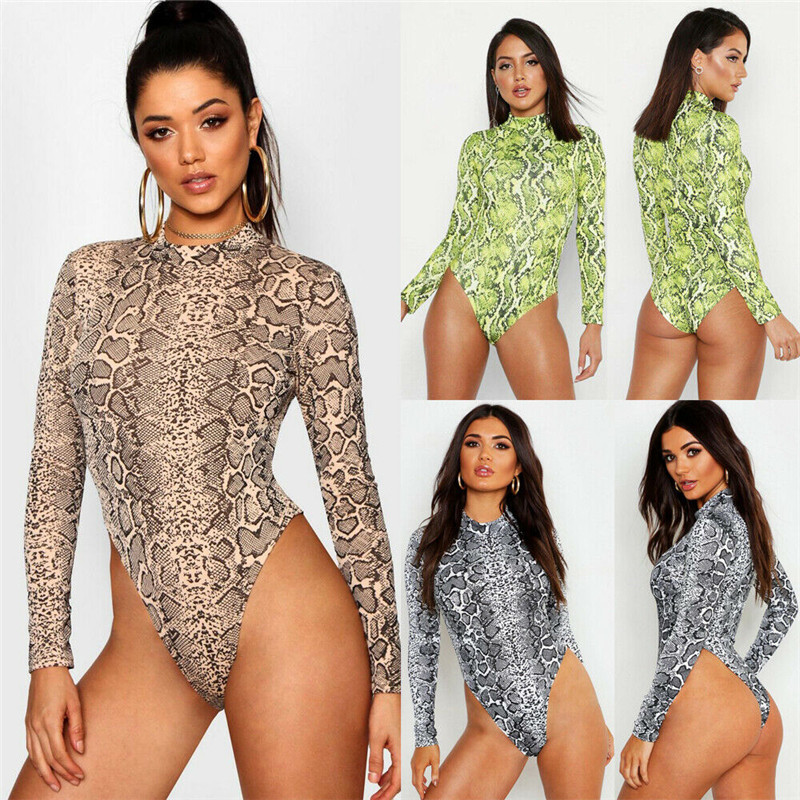 Seksikad ägedad naiste pikkade varrukatega turtleneck Bodycon Slim Romper topid ussinahast prindiga Klubirõivad peokombinesoon Trikood Outwear Uus