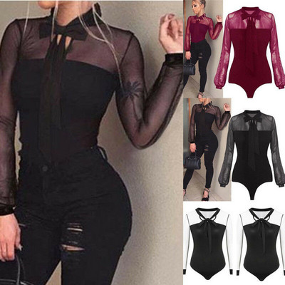 2019. őszi női Bodycon Bodysuit V nyakú, hosszú ujjú kötszerhálós patchwork átlátszó jumpsuit Romper leotard felső