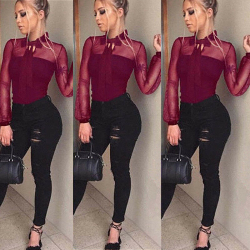 Toamnă 2019 Body body pentru damă cu decolteu în V cu mânecă lungă Bandaj plasă mozaic Salopetă transparentă Romper Tricou Top