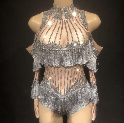 Sexy nočný klub pódium luxusný trblietavý kryštály strapcový kostým kostým oslavuje kamienky narodeniny strieborné diamanty trikot