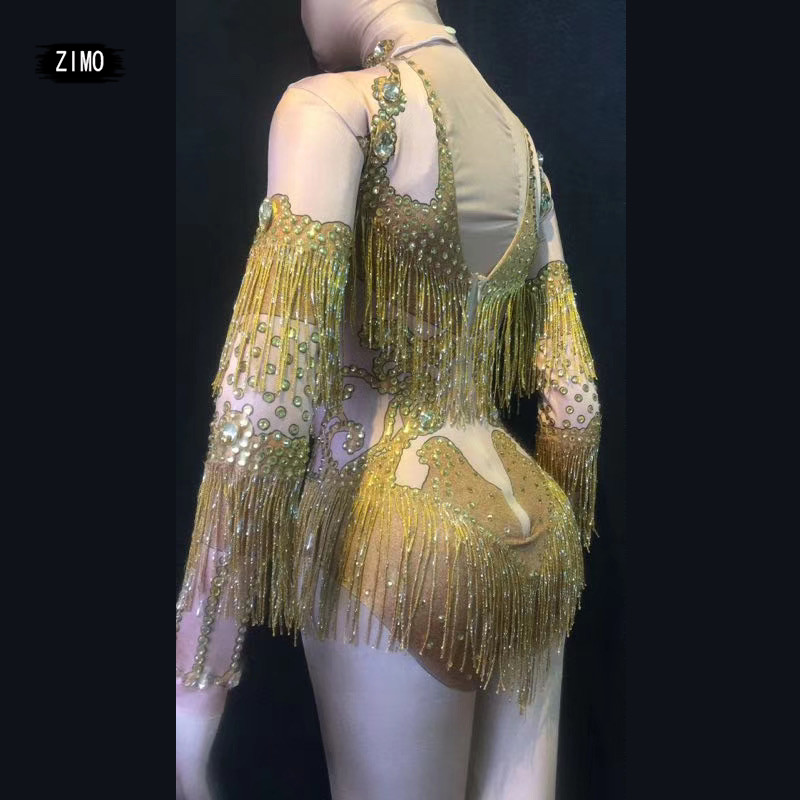 Body cu mânecă lungă cu strasuri argintii aurii, cu ciucuri sexy, costume pentru club de noapte pentru femei, DJ DS, costum de petrecere, scenă pentru femei nou