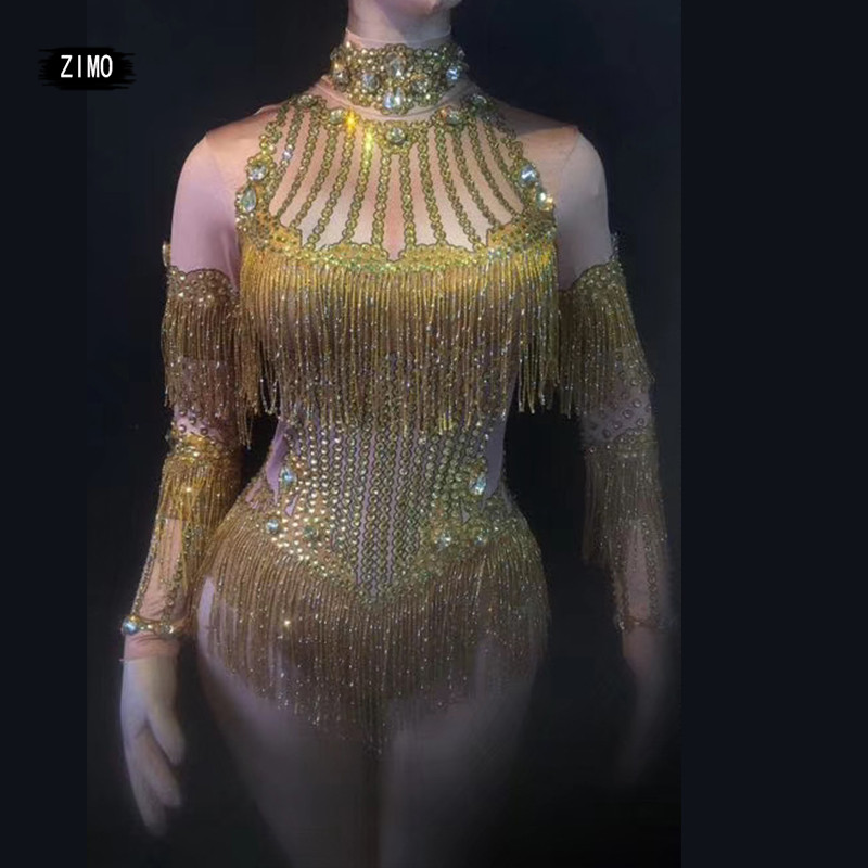 Body cu mânecă lungă cu strasuri argintii aurii, cu ciucuri sexy, costume pentru club de noapte pentru femei, DJ DS, costum de petrecere, scenă pentru femei nou