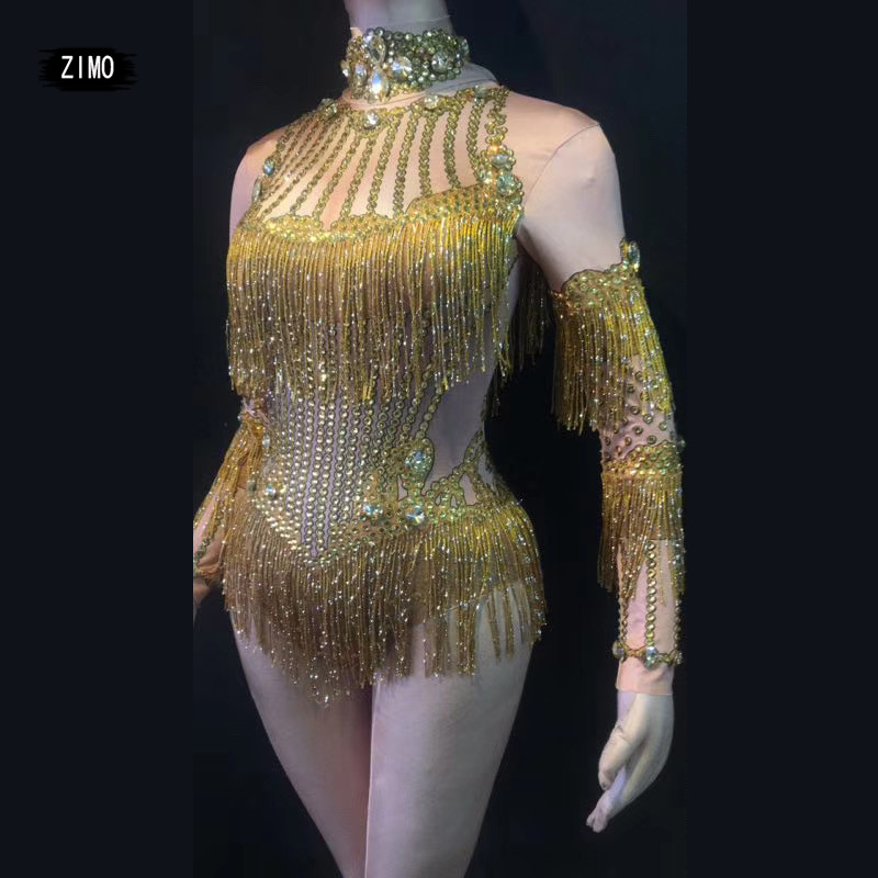 Body cu mânecă lungă cu strasuri argintii aurii, cu ciucuri sexy, costume pentru club de noapte pentru femei, DJ DS, costum de petrecere, scenă pentru femei nou