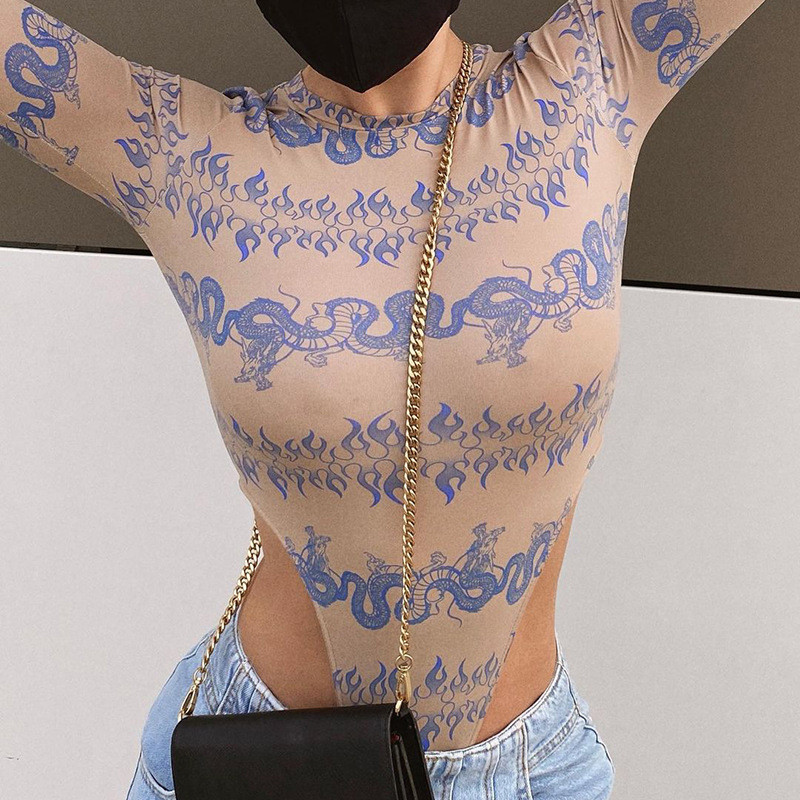 2020. aasta UUS sügisene kuummüük Dragon Printing Bodysuits Kvaliteetne seksikas body Naiste pikkade varrukatega kehakombinesoon