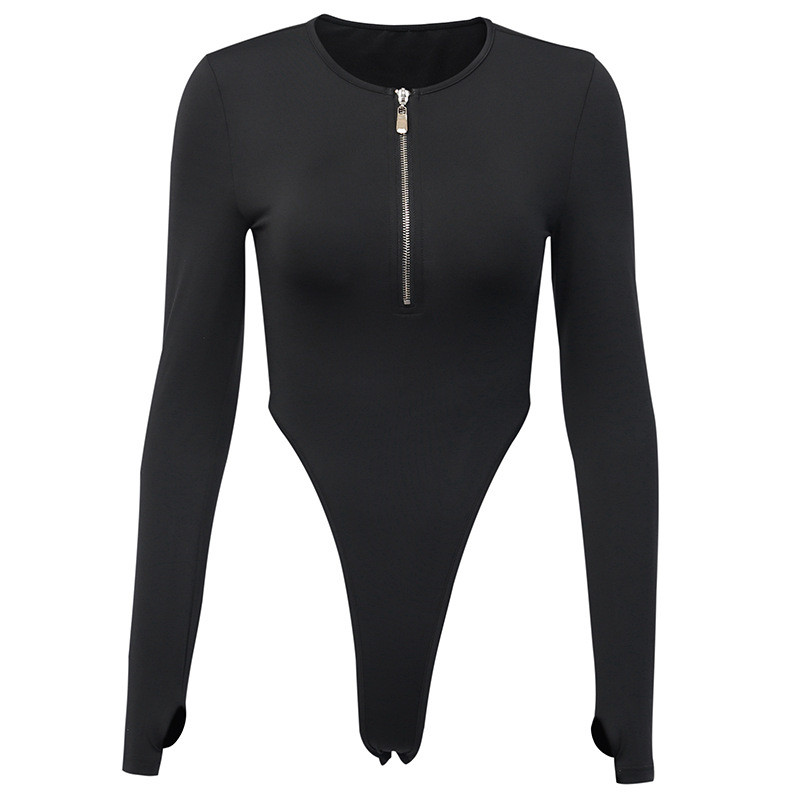 Shestyle Seksi crni bodi visokog struka Ženski ležerni dugi rukavi i patentni zatvarač Basic Slim Disposition Bodi odijelo Gornja odjeća Cool Girl