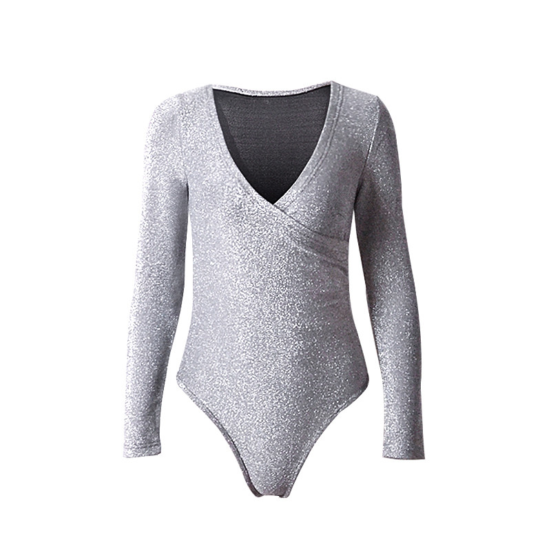 Jesenski novi seksi kombinezoni dugih rukava Srebrni bodi za žene Duboki V izrez Elegantna ženska velika XL zimska odjeća uz kroj