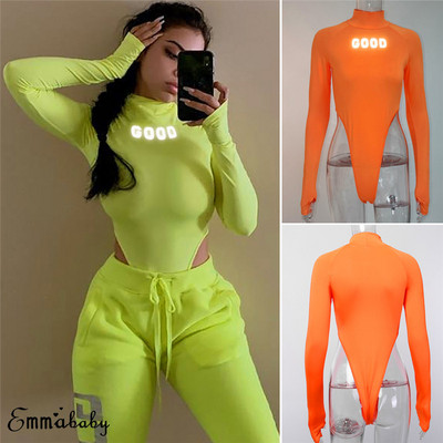 Szexi női fényvisszaverő betűmintás neonzöld játszóruha Body Clubwear hosszú ujjú őszi karcsú jumpsuit Rompers felsők hirigin