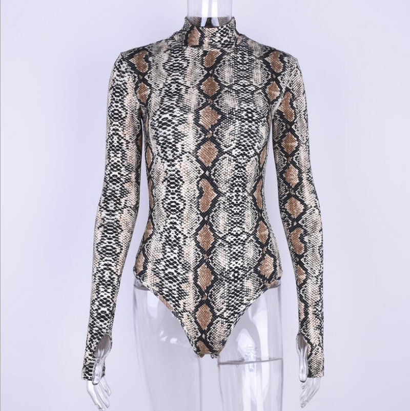 Seksikas ussinahast teraline pikkade varrukatega kombinesoon naistele 2019 sügistalvel uued õhukesed kõrge kraega ühes tükis püksid