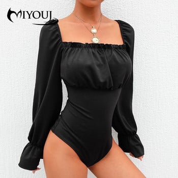 MIYOUJ Fashion Γυναικείο κορμάκι Μακρυμάνικο Πουκάμισο Φούσκα Μανίκια Ρούχα Φορμάκια Πίσω Σταυρός Ιμάντες Κορμάκι Μαύρο Μπλουζάκι