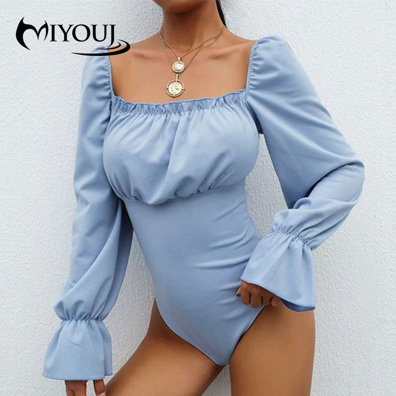 MIYOUJ Body pentru femei la modă Cămașă cu mâneci lungi cu mâneci cu bule haine Body cu bretele încrucișate pe spate Body negru de top