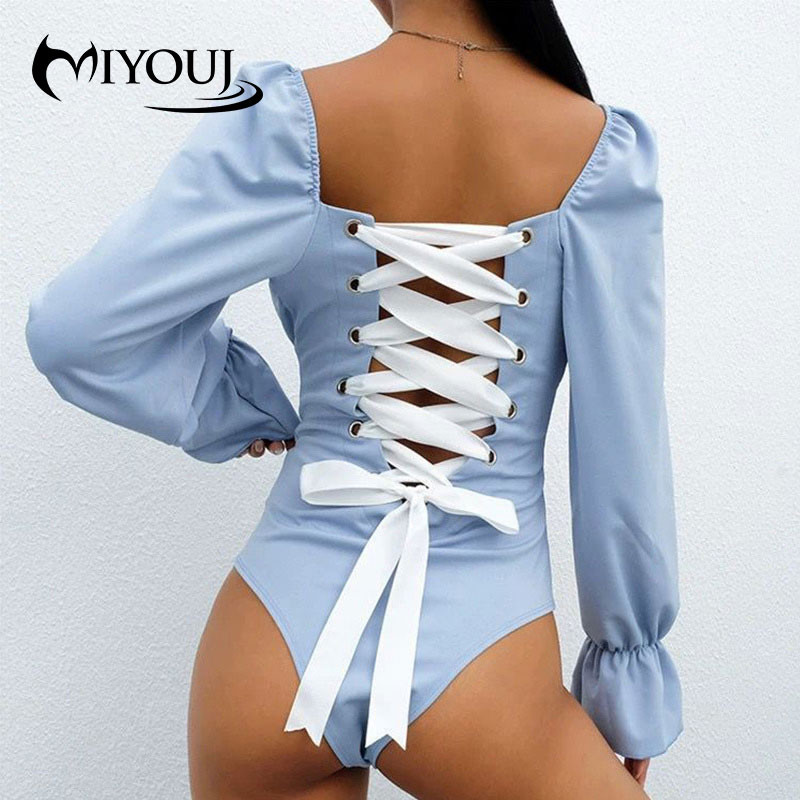 MIYOUJ Body pentru femei la modă Cămașă cu mâneci lungi cu mâneci cu bule haine Body cu bretele încrucișate pe spate Body negru de top