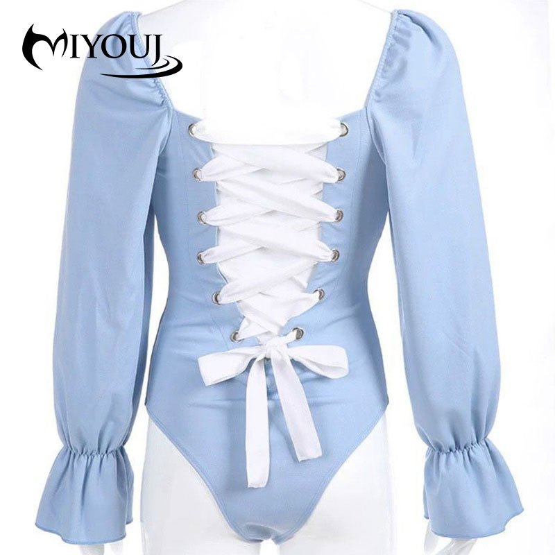 MIYOUJ Body pentru femei la modă Cămașă cu mâneci lungi cu mâneci cu bule haine Body cu bretele încrucișate pe spate Body negru de top