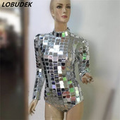 Body cu oglindă argintie, cu mânecă lungă, cu paiete reflectorizante, salopetă sexy pentru femeie, club de noapte, DJ, costume, cântăreață, dansatoare, îmbrăcăminte de dans pe scenă