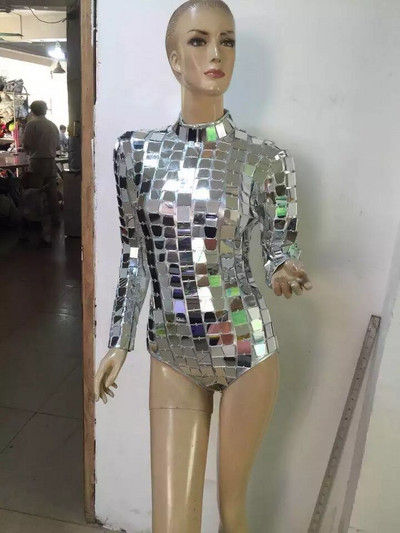 Body cu oglindă argintie, cu mânecă lungă, cu paiete reflectorizante, salopetă sexy pentru femeie, club de noapte, DJ, costume, cântăreață, dansatoare, îmbrăcăminte de dans pe scenă