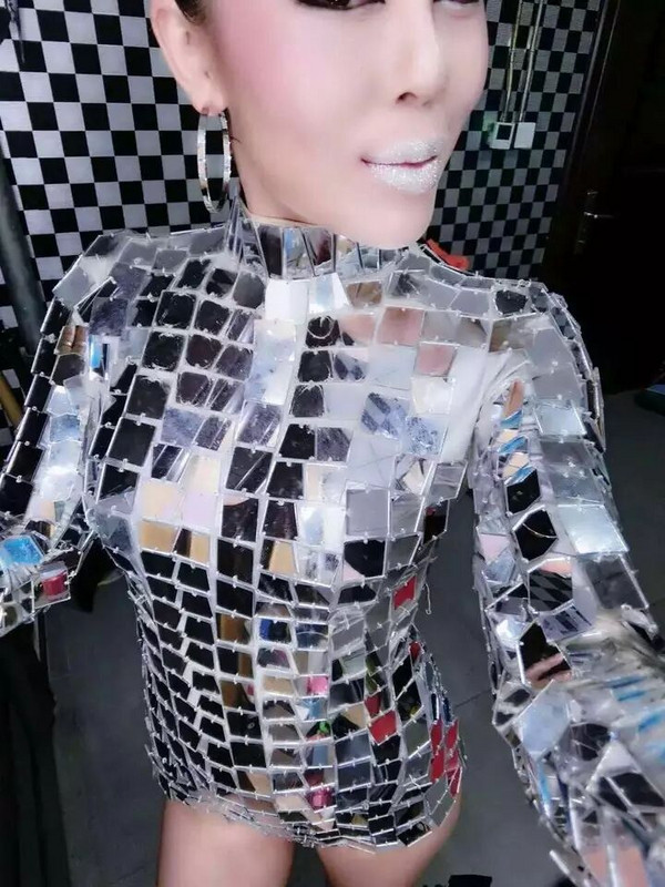 Body cu oglindă argintie, cu mânecă lungă, cu paiete reflectorizante, salopetă sexy pentru femeie, club de noapte, DJ, costume, cântăreață, dansatoare, îmbrăcăminte de dans pe scenă