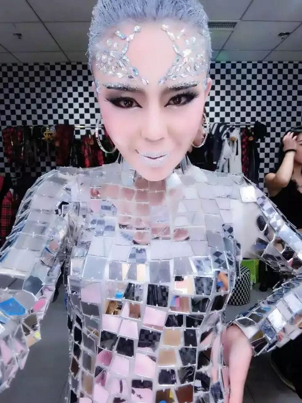 Body cu oglindă argintie, cu mânecă lungă, cu paiete reflectorizante, salopetă sexy pentru femeie, club de noapte, DJ, costume, cântăreață, dansatoare, îmbrăcăminte de dans pe scenă