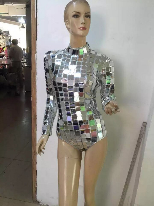 Body cu oglindă argintie, cu mânecă lungă, cu paiete reflectorizante, salopetă sexy pentru femeie, club de noapte, DJ, costume, cântăreață, dansatoare, îmbrăcăminte de dans pe scenă