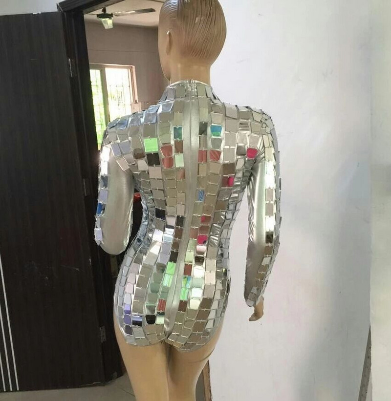 Body cu oglindă argintie, cu mânecă lungă, cu paiete reflectorizante, salopetă sexy pentru femeie, club de noapte, DJ, costume, cântăreață, dansatoare, îmbrăcăminte de dans pe scenă