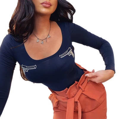 Moda 2021 Body skinny pentru femei Topuri sexy cu mânecă lungă brodate Body body cub Jumpsuit Romper Tricou Streetwear