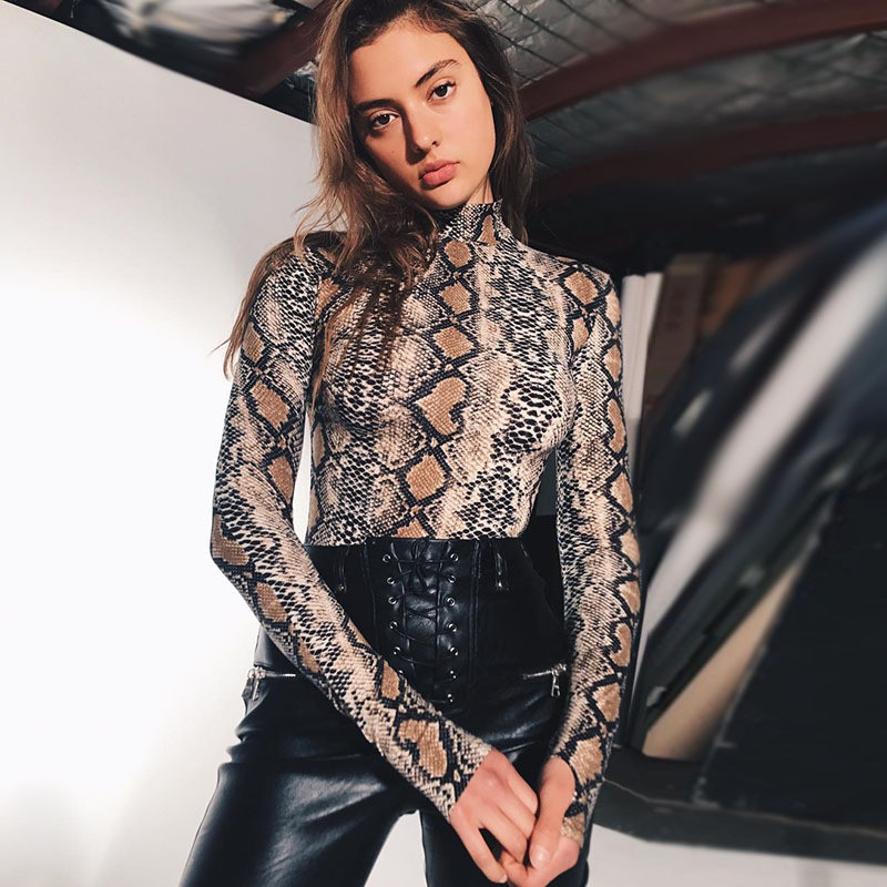 Snake Print O Neck Bodycon Bodycon Sexy Night Club Bandage Rompers Sieviešu kombinezoni Spēļu tērpi ar pilnām piedurknēm 2019. gada jauna mode