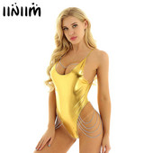 Naiste naiste klubi kombinesoon Holograafiline nahast stringid Bodysuit Seksikas spagetirihm seljata metallist ketid Pole Dance Rave Romper