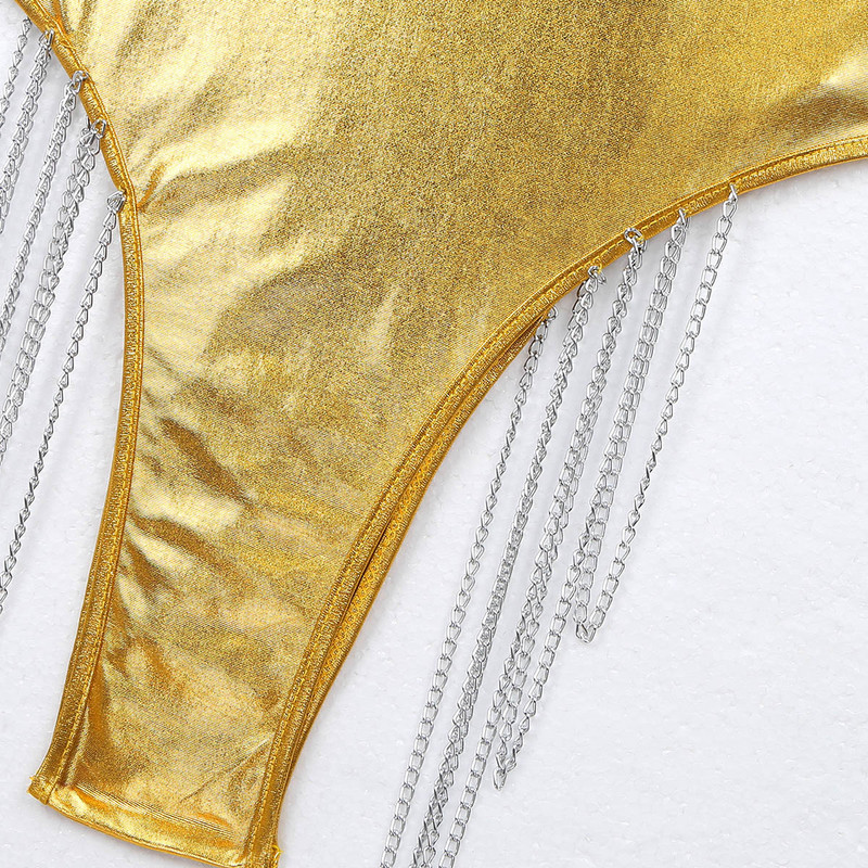 Naiste naiste klubi kombinesoon Holograafiline nahast stringid Bodysuit Seksikas spagetirihm seljata metallist ketid Pole Dance Rave Romper