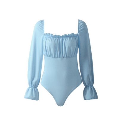 Uus daam Seksikas seljata pitsiga ruudukujuline krae Lolita stiilis must bodid Naiste pikkade puhvisvarrukatega avatud jalgevahega body, valge sinine