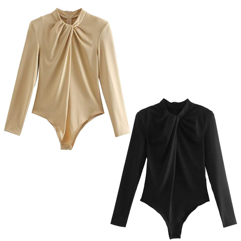 Elegantsed naiste kombinesoonid Moodne Plisseeritud O-kaelusega Bodid Kontori Daamid Sügisene soliidne õlapolsterdatud seljaosa Tõmblukk Romper Tops šikk