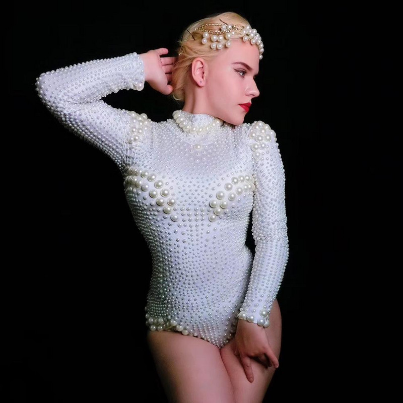 Body cu perle albe elegante, dresuri elastice sexy pentru femei, tricou de petrecere, club de noapte, showgirl, dansatoare, costum de scenă