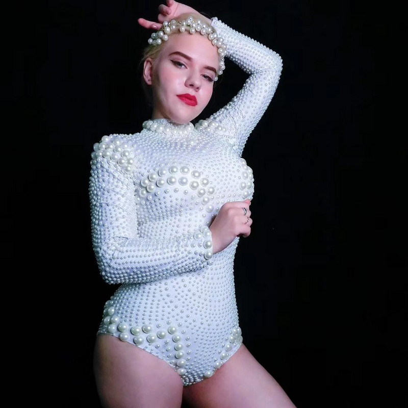 Body cu perle albe elegante, dresuri elastice sexy pentru femei, tricou de petrecere, club de noapte, showgirl, dansatoare, costum de scenă