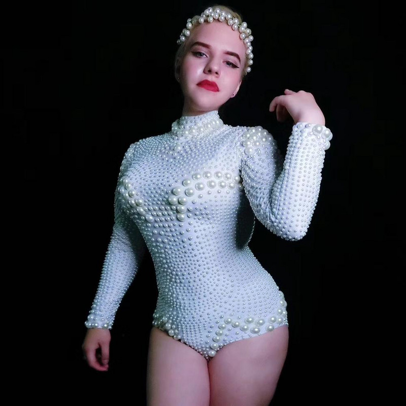 Body cu perle albe elegante, dresuri elastice sexy pentru femei, tricou de petrecere, club de noapte, showgirl, dansatoare, costum de scenă