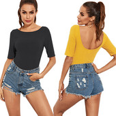 Seljata õhukese kootud ribaga naiste kombinesoon, 2020. aasta suvine O-kaelusega keskmise varrukaga seksikas elastne kõhn bodysuitse naiste särk