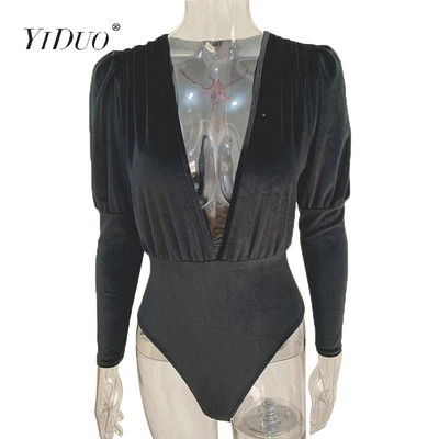 YiDuo 2020 kevad pikkade laternatega varrukatega sügava V-kaelusega Bodycon bodid Seksikad sametist kombinesoonid Naiste Romperid Klubipeorõivad, must