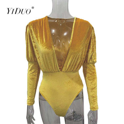 YiDuo 2020 kevad pikkade laternatega varrukatega sügava V-kaelusega Bodycon bodid Seksikad sametist kombinesoonid Naiste Romperid Klubipeorõivad, must