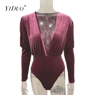 YiDuo 2020 kevad pikkade laternatega varrukatega sügava V-kaelusega Bodycon bodid Seksikad sametist kombinesoonid Naiste Romperid Klubipeorõivad, must