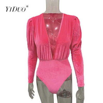 YiDuo 2020 kevad pikkade laternatega varrukatega sügava V-kaelusega Bodycon bodid Seksikad sametist kombinesoonid Naiste Romperid Klubipeorõivad, must
