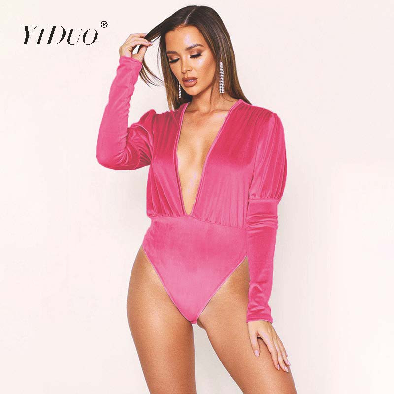 YiDuo 2020, primăvară, cu mâneci lungi, cu mânecă în formă de lanternă, cu decolteu în V adânc, body body, salopete sexy din catifea, salopete pentru femei, îmbrăcăminte de petrecere de club, negru