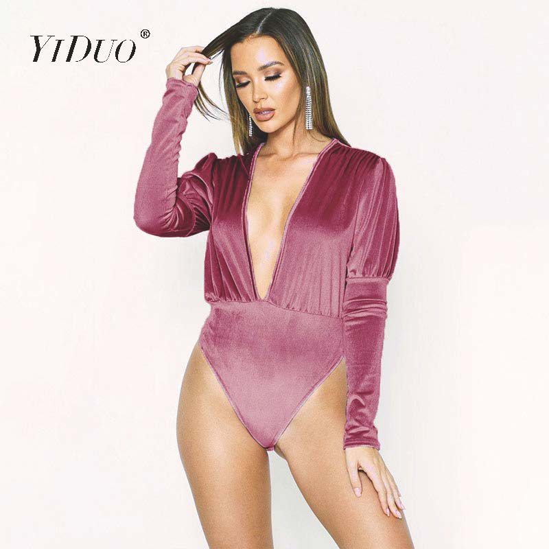 YiDuo 2020, primăvară, cu mâneci lungi, cu mânecă în formă de lanternă, cu decolteu în V adânc, body body, salopete sexy din catifea, salopete pentru femei, îmbrăcăminte de petrecere de club, negru